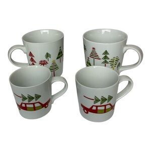 Crate & Barrel Julia Rothman Yule Town Christmas Tree Coffee/Cocoa Mug Set (4)